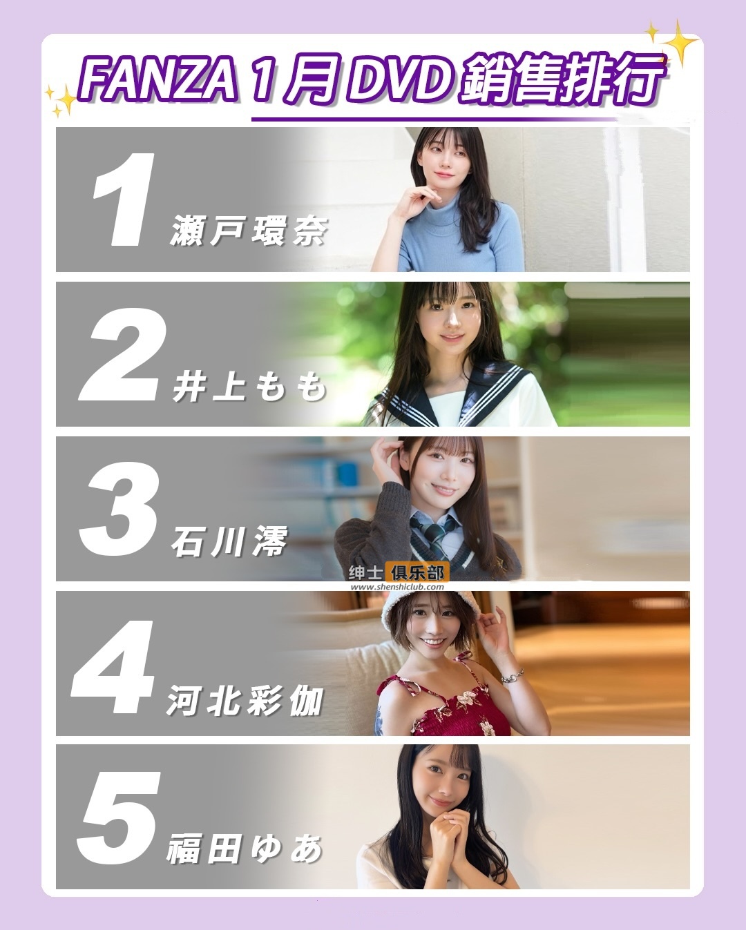 FANZA 一月榜单 TOP10：瀬戸環奈再夺冠军，Moodyz 集体发力冲击龙头地位- 绅士俱乐部